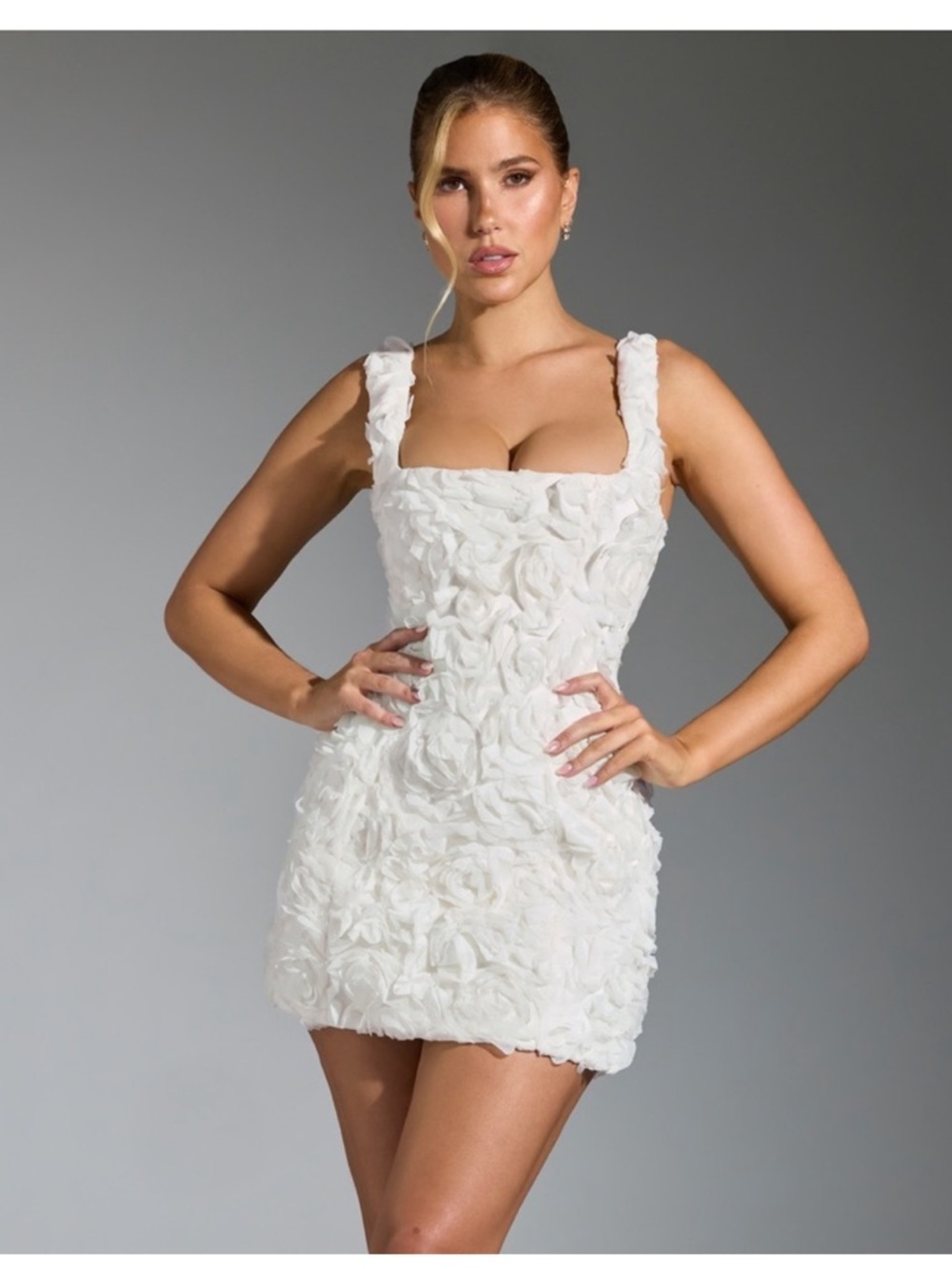 Oh Polly Posy Floral-Appliqué Square-Neck Corset Mini Dress in White NWt